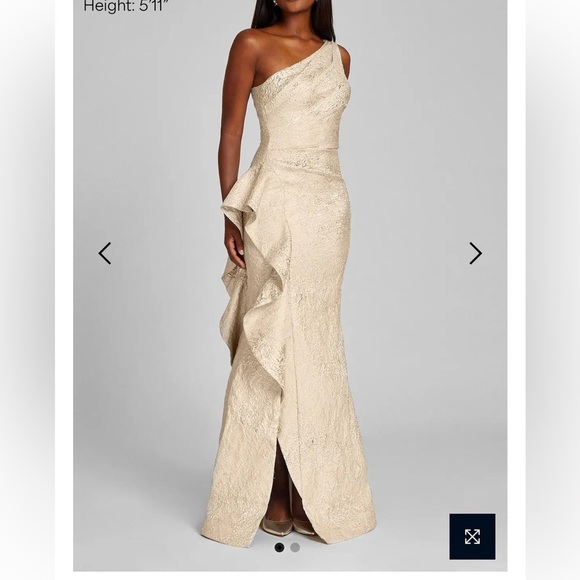 Teri Jon Gold Designer gown Jacquard one shoulder,
side ruffle size 12 - Picture 1 of 10